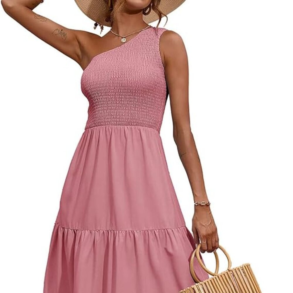 One-Shoulder Smocked Bodice Pink Maxi Dress